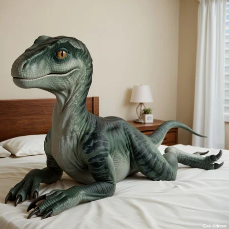 score_9, score_8_up, score_7_up, score_6_up, score_5_up, score_4_up, masterpiece, high quality, realistic, detailed, best quality, white bed, solo, rating_safe, source_furry, bedroom, smiling, seductive, looking at viewer, on bed, lying on belly, detailed eyes, detailed face, dinosaur, raptor, scales, tail, claws, talons, Charlie_jw, green scales, black stripes, yellow sclera, slit pupils, female, 1girl