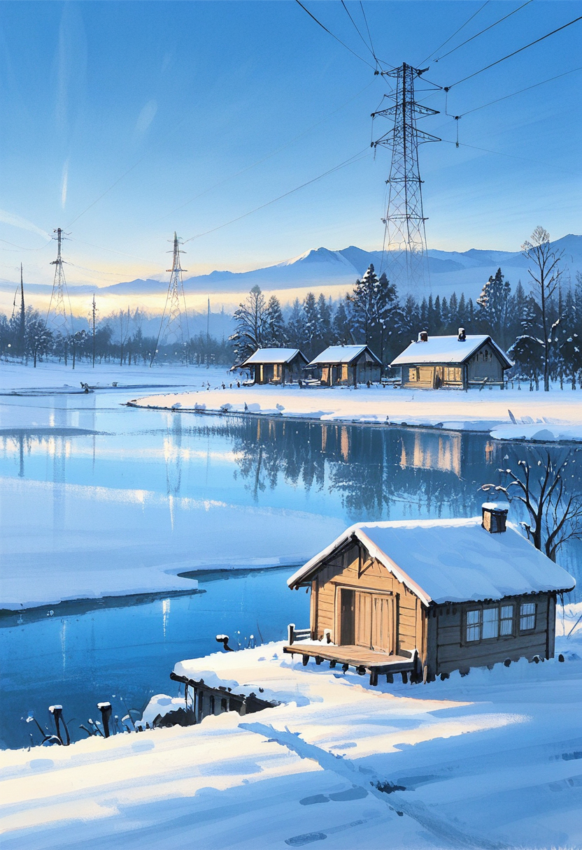 no humans, scenery, winter, cabin, snow, bare tree, lake, single house, distant, day, sunlight, (transmission tower:1.5), utility pole, rural,
BREAK
best quality, masterpiece, very aesthetic, absurdres, highest detailed, very awa, <lora:Ink_wash_painting_style_v2.0:0.8> traditional media,