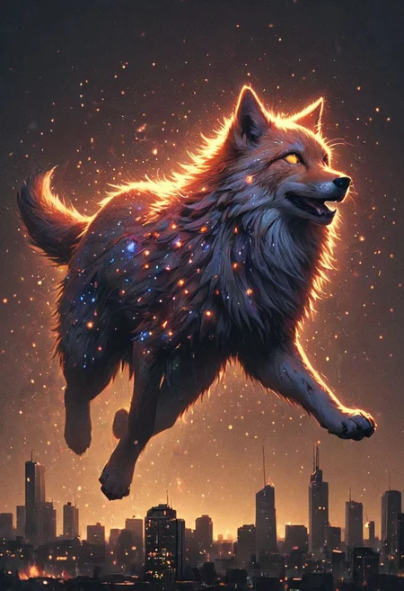 Big enormous giant flying cosmic spectral fox, transparent, flying like an comet in the sky, light rays, mystical, glowing eyes, flying high above city, emiting sparks