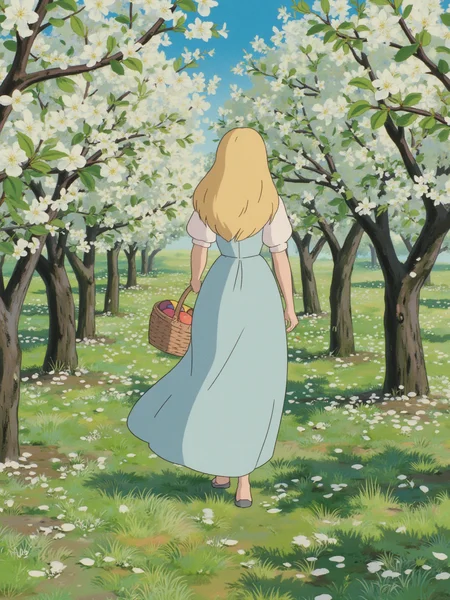 A tall, elegant woman with golden hair and wearing a pale blue gown is walking through a blooming orchard. The trees are full of white flowers, and the ground is covered with petals. The air smells sweet, and the light is soft, indicating a calm afternoon. The woman carries a basket filled with fruit from the trees.