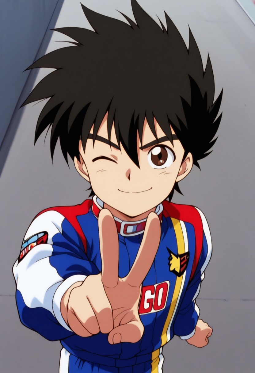 masterpiece,best quality,amazing quality, source_anime,
hayatokazami, 1boy, male focus, solo, brown eyes, black hair, racing suit, jumpsuit, blue jumpsuit, multicolored jumpsuit, smile, determined, one eye closed, v, looking at viewer,