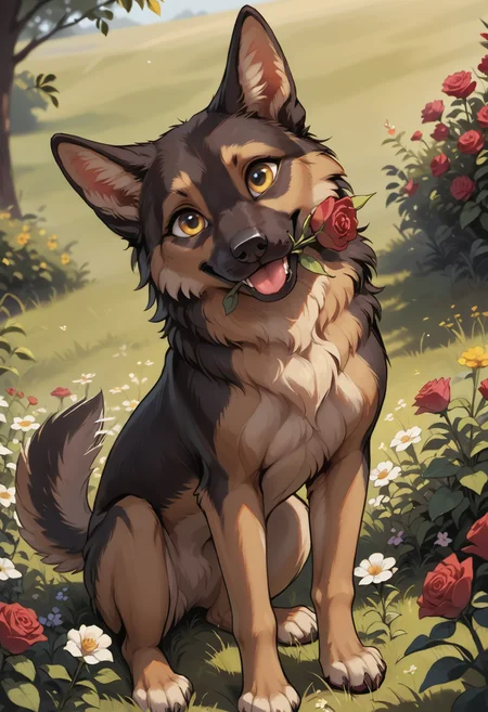 score_9, score_8_up, score_7_up, source_furry, rating_safe, detailed,
outdoors, flower field, (flowers:1.5), valentine theme,
1animal, no humans, animal focus,
feral dog, german shepherd, cute, big eyes, sitting, head tilt, happy, happy expression, tongue out, tail wag, motion blur, love, lovestruck, rose, long rose stem, flower in mouth, yellow eyes, hearts,