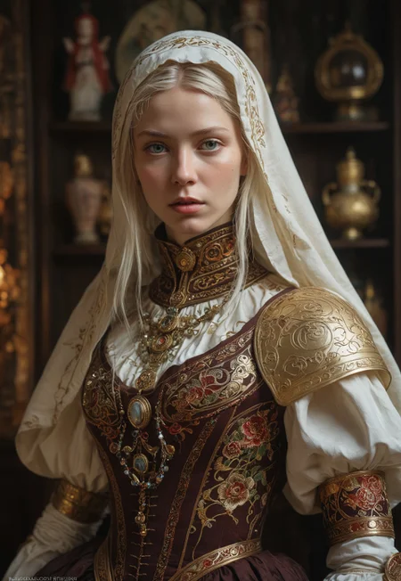 highly detailed and hyper realistic photo, by B. Yeager , by Ivan Bilibin , by Adrian Ghenie , a bleached, a human-like advanced female android , in the style of mandola art, limited dark palette, unusual dark colors, faded colors, atmospheric haze, highly dramatic cinematic lighting, motion blur, film grain, professional, excellent composition, finest details, maximized details, ultimate detail level, masterpiece, best quality
