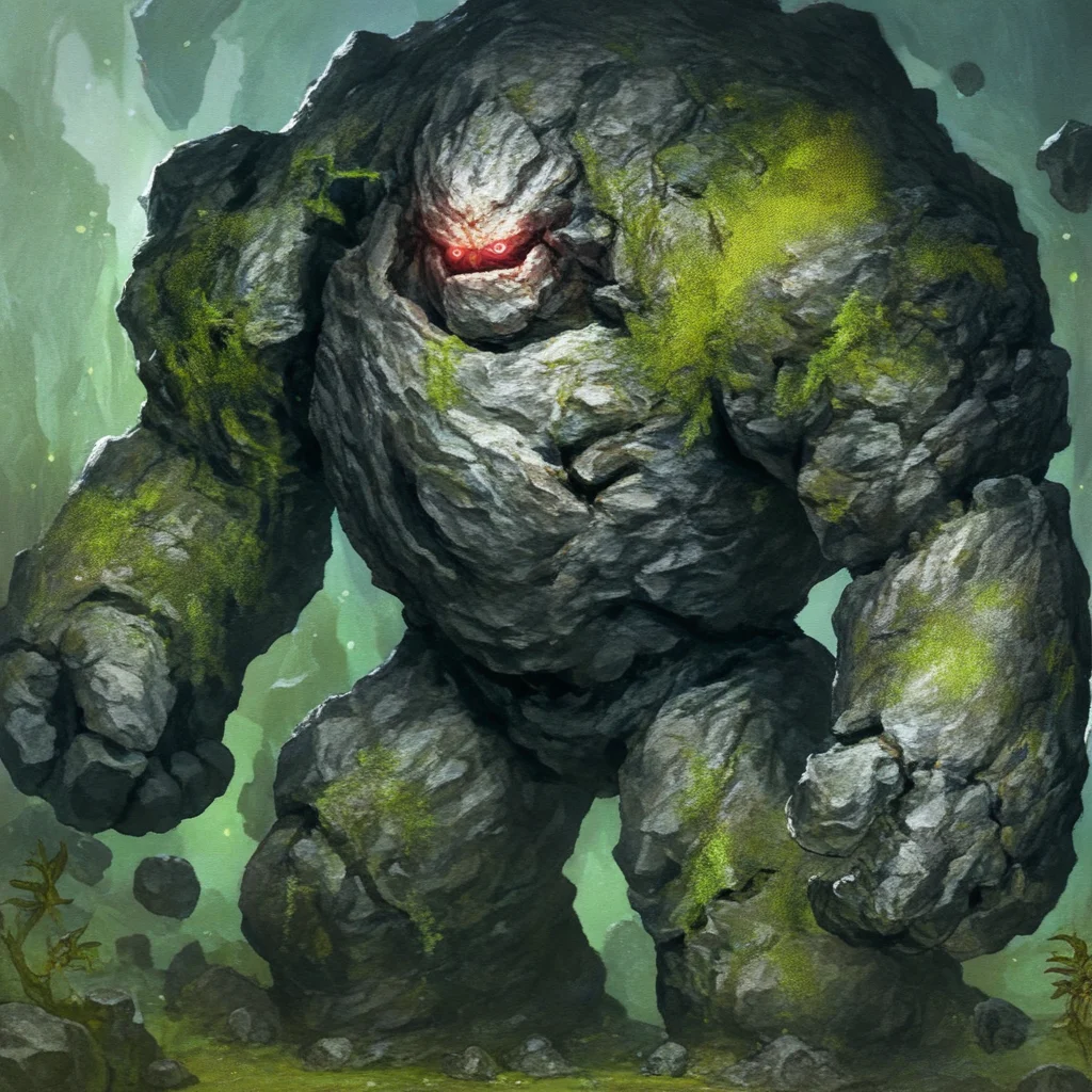 score_9, source_anime, Gol3m, Rock Golem, Rock Monster, Glowing Eyes, Moss on shoulders