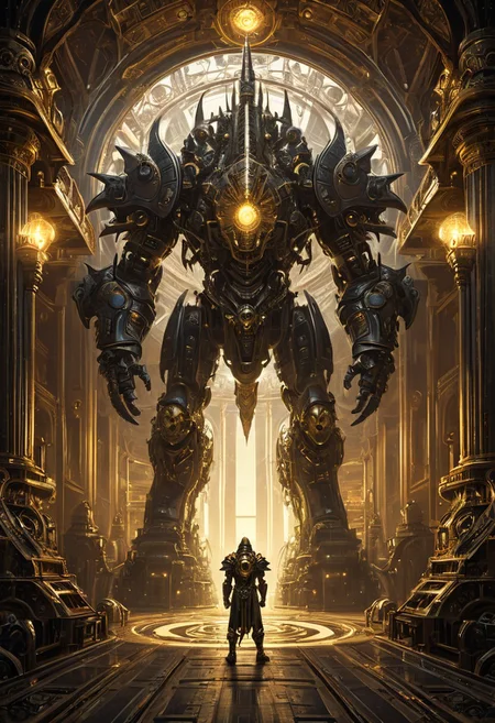 A digital illustration showcasing a scene of dark and epic fantasy. Standing in the grand, alien hall of Mechanus, filled with complex machinery, and glowing cogs is a massive 12-feet construct called Marut. It boasts a gleaming golden frame and intricate designs etched into its body. Lighting up the surrounding with their radiance, its eyes scrutinize the hall and assert a commanding presence. The Marut's form is substantially armored, maintaining an imposing, unyielding stance. The surroundings echo with the regular, orderly mechanisms of Mechanus, which perfectly capture the persistent, powerful essence of the Marut as it readies itself to enforce cosmic laws.