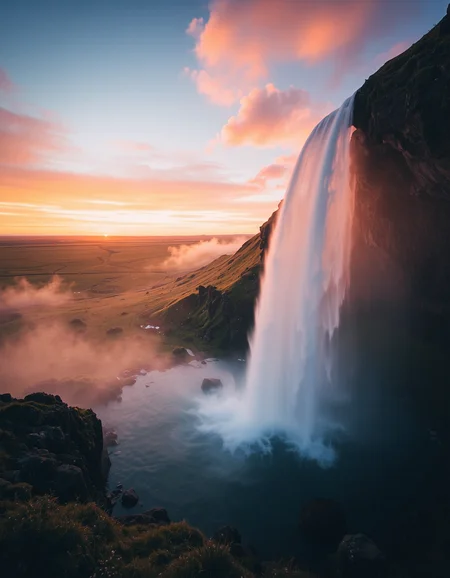 timelapse landscape photograph of a single tall waterfall on a misty sunset