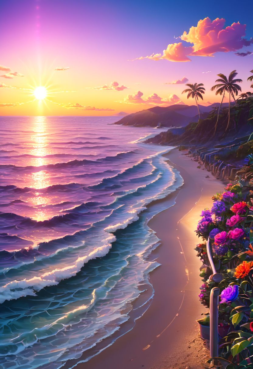 Score_9, score_8, score_7, score_6, Gorgeous animation, footpath from cliffs to the beach, flowers, greenery, ocean waves, ((highly stylized neon purple sunset background)), ((/rainbow gradient sunset/)), ((/vaporwave sunset/)), ((/neon purple sun/)), striations of light in sunset, ((godrays))