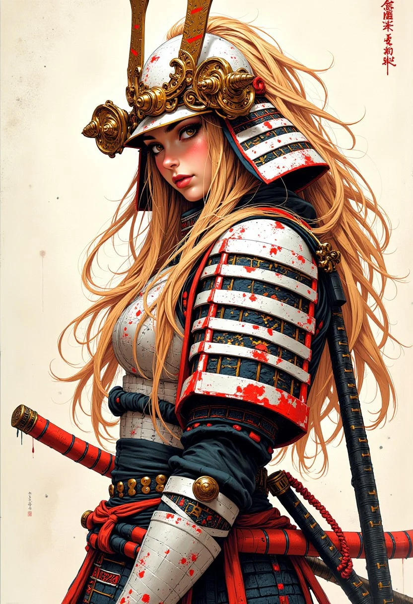 mythp0rt, traditional japanese art style, ink on paper, wabi-sabi, henna and carmine, sepia, BREAK, samurai woman, long flowing blonde hair, hyperdetailed helmet, white and neon armor, a katana strapped to her back, side view, glancing at viewer, dark eye make-up, mascara, eyeshadow, red lips, sultry