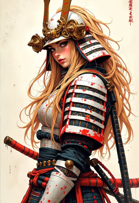 mythp0rt, traditional japanese art style, ink on paper, wabi-sabi, henna and carmine, sepia, BREAK, samurai woman, long flowing blonde hair, hyperdetailed helmet, white and neon armor, a katana strapped to her back, side view, glancing at viewer, dark eye make-up, mascara, eyeshadow, red lips, sultry