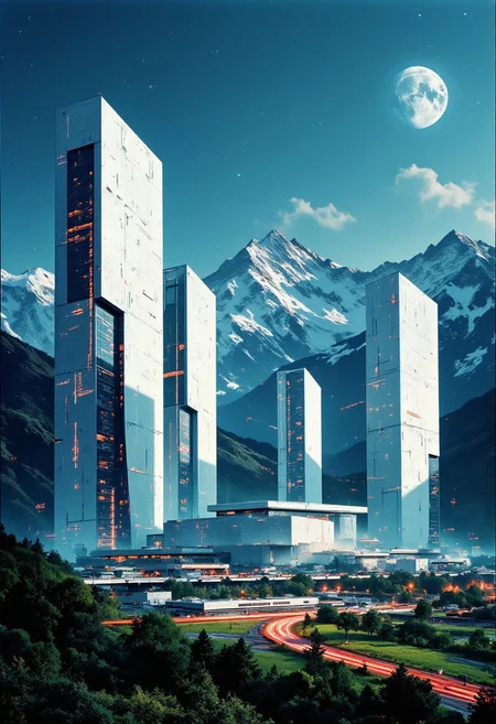 inksketch, n30nfilm, blue and white theme, Abstract digital painting in the style of ck-js, detailed photorealistic image, a sci-fi cityscape of colossal buildings and towers in a green lush landscape, situated in a green valley bounded by mountain slopes, white ceramic surfaces with high-end circuitry, red glowing diodes and lights, large depth of field. The sky is a dark blue, with a moon hanging low in the horizon