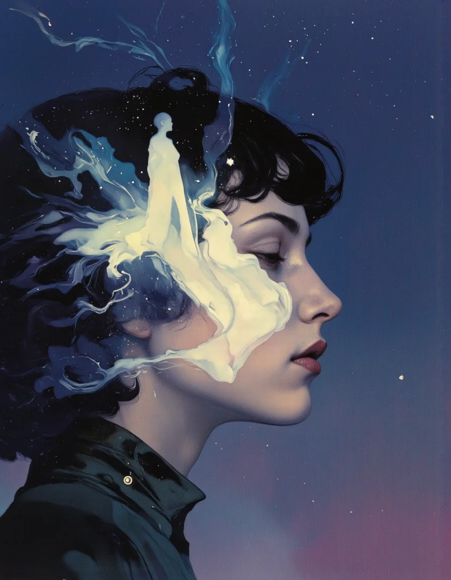 Art by Jeffrey Catherine Jones. A digital painting of a profile view of a woman with an afro hairstyle, depicted in a serene and dreamlike quality. the woman appears to be in her mid-twenties, with short, curly black hair that is styled in a way that frames her face. she is facing the viewer, with her profile visible from the side, and her eyes are closed, giving a sense of calmness and serenity. the background is a deep, starry night sky with a mix of deep blues and purples, creating a dreamy and ethereal atmosphere. in the middle of the image, a small, translucent figure is floating in the air, adding a touch of whimsy to the scene. the figure is surrounded by a soft, ethereal glow, with a few stars twinkling in the background, adding to the sense of depth and dimensionality. the style is reminiscent of realistic oil painting, with soft, painterly textures and a focus on texture and depth. the overall effect is one of dreamy, surrealism, with the woman's profile being the central focus of the painting.
