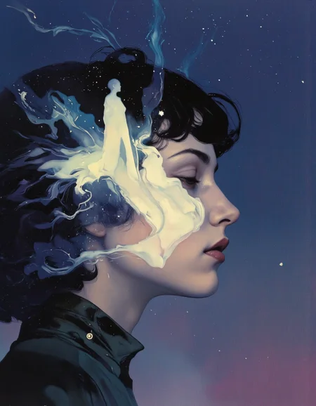 Art by Jeffrey Catherine Jones. A digital painting of a profile view of a woman with an afro hairstyle, depicted in a serene and dreamlike quality. the woman appears to be in her mid-twenties, with short, curly black hair that is styled in a way that frames her face. she is facing the viewer, with her profile visible from the side, and her eyes are closed, giving a sense of calmness and serenity. the background is a deep, starry night sky with a mix of deep blues and purples, creating a dreamy and ethereal atmosphere. in the middle of the image, a small, translucent figure is floating in the air, adding a touch of whimsy to the scene. the figure is surrounded by a soft, ethereal glow, with a few stars twinkling in the background, adding to the sense of depth and dimensionality. the style is reminiscent of realistic oil painting, with soft, painterly textures and a focus on texture and depth. the overall effect is one of dreamy, surrealism, with the woman's profile being the central focus of the painting.