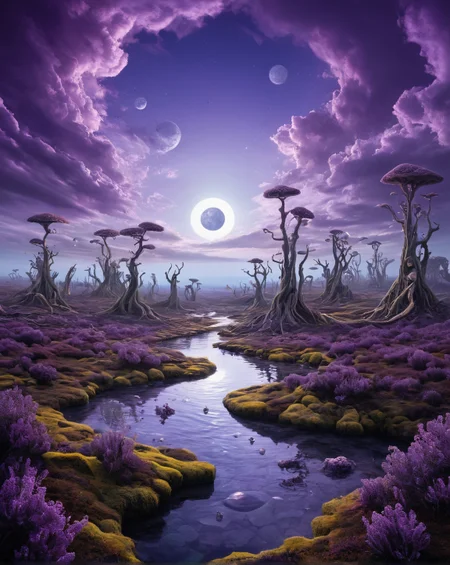 Surrealism, ultimate Surreal Art, ultimate strange art,cool full color, ultimate strange deformed object, ((ultimate strange detailed background)),ultimate strange landscape,the space is filled with strange incomprehensible surreal things, strange unreal surreal vision,
 dreamlike, mysterious, provocative, symbolic, intricate, detailed, ultradetaled,8k,perfect, super detailed, award winning art,
swamp,
effortless,noisome,beaming,solar,unlit,
many small clouds,,,
midday,
Irene Hamoir,
spot color,
lavender,
 <lora:add-detail-xl:0.7>,<lora:abysues:0.4>, expressive, dramatic, organic lines and forms, dreamlike, mysterious, Surrealism