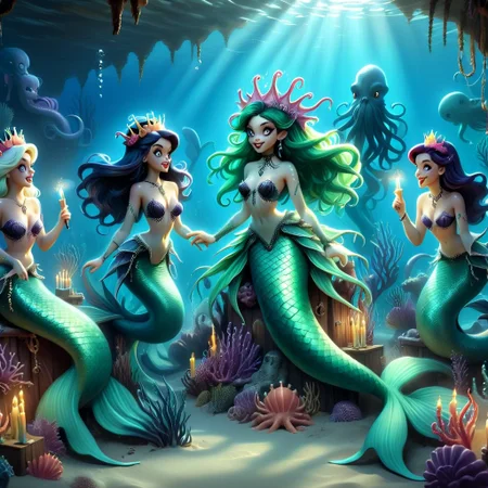 under sea birthday party mermaids, merman, bearded octopus, kraken, radiant, mysterious, airbrush, pinup style, gothic,benthic merfolk, glow