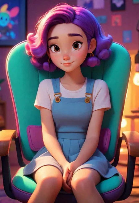 in disney pixar style, lofi girl from youtube ,sitting behind a chair , vibrant colors,