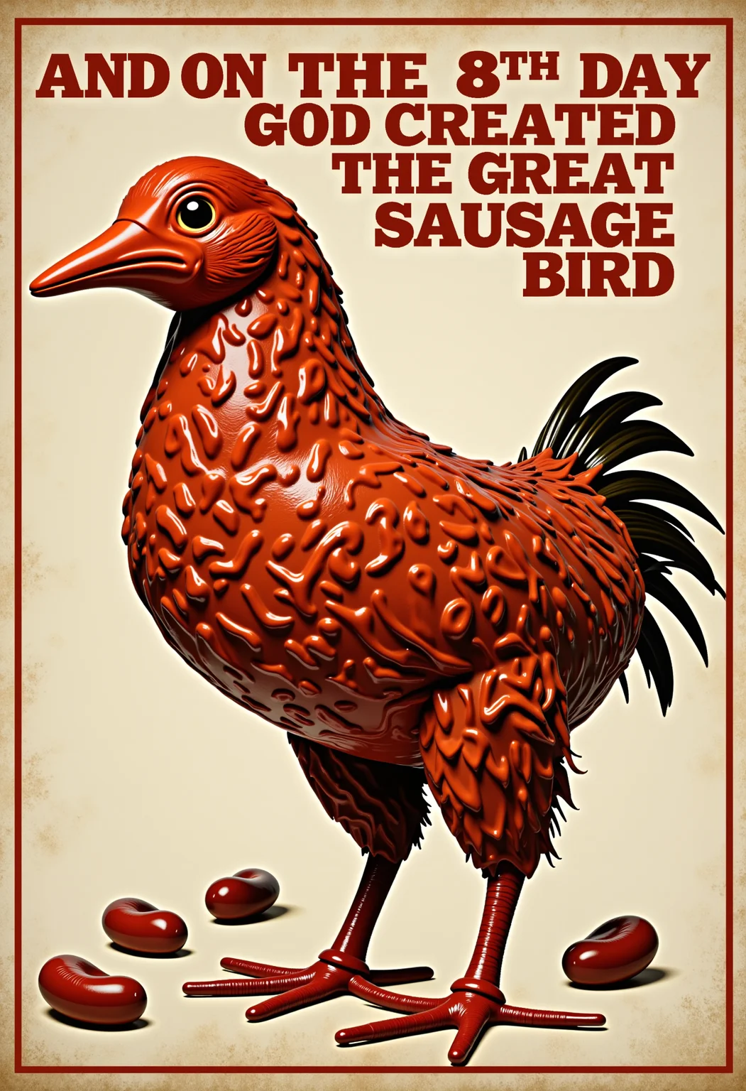 A text "AND ON THE 8TH DAY GOD CREATED THE GREAT SAUSAGE BIRD" card featuring an extra greasy sausage bird.