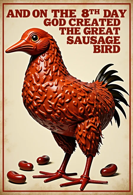 A text "AND ON THE 8TH DAY GOD CREATED THE GREAT SAUSAGE BIRD" card featuring an extra greasy sausage bird.