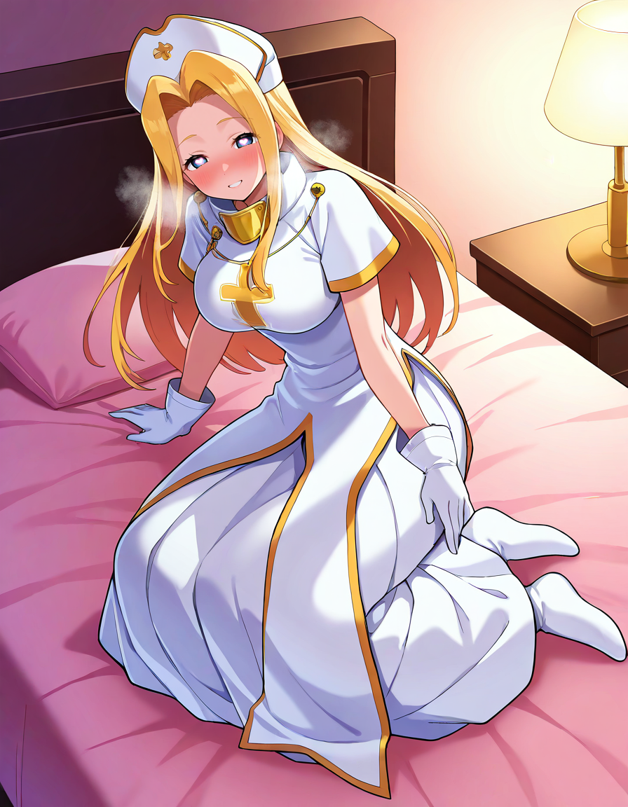 <lora:topmint_SDXL_Illustrious01_fp16_ver01:1>,ToPmint, 1girl, solo, hat, long hair, blonde hair,blue eyes, gloves,dress,cross,full body, nurse cap,long skirt,heavy breathing, in heat,on bed,smile,large breasts, heart-shaped pupils,, masterpiece, best quality, very aesthetic, absurdres,<lora:detailed_hands:1>,hand