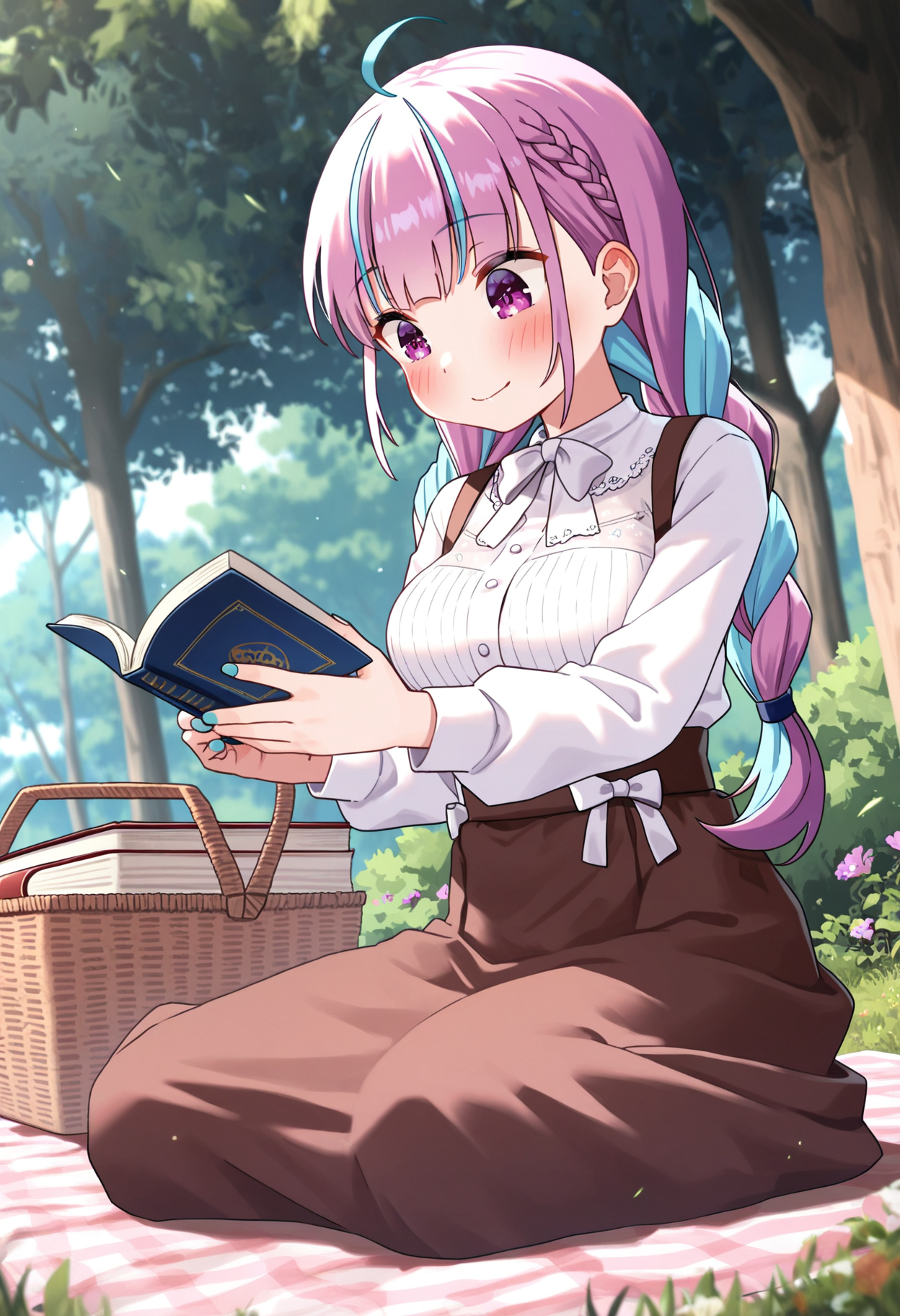 masterpiece,best quality,amazing quality,
1girl, minato aqua, virtual youtuber, solo, braid, twin braids, multicolored hair, tree, long hair, book, sitting, skirt, blue hair, blush, outdoors, breasts, suspenders, ahoge, long sleeves, two-tone hair, flower, bangs, smile, shirt, brown skirt, white shirt, picnic basket, streaked hair, open book, purple eyes, purple hair, high-waist skirt, closed mouth, suspender skirt, pink hair, basket, nature, medium breasts, twintails, reading,
<lora:Drifter:1>