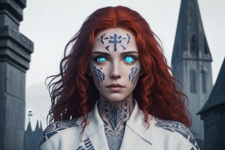 bright red hair, human female, (feminine:1.7), (beautiful face, detailed face:1.6), (beautiful eyes, detailed eyes:1.7), (looking at viewer, eye contact, intense:1.6), (long hair, red hair, curly hair:1.3), , ((masterpiece, best quality, high resolution, realistic, best quality,)), photo realistic, Perfect Face, (detailed face). <lora:GoodHands-vanilla:0.6> <lora:add-detail-xl:0.8>, mage, (Dress White military uniform coat), dagger, rune dagger, glowing runes, , (((glowing magic symbols tattoos, religious tattoos))), ((face tattoos)), glowing tattoos, stone tower in the background