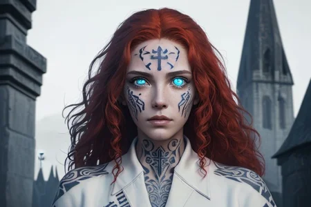 bright red hair, human female, (feminine:1.7), (beautiful face, detailed face:1.6), (beautiful eyes, detailed eyes:1.7), (looking at viewer, eye contact, intense:1.6), (long hair, red hair, curly hair:1.3), , ((masterpiece, best quality, high resolution, realistic, best quality,)), photo realistic, Perfect Face, (detailed face). <lora:GoodHands-vanilla:0.6> <lora:add-detail-xl:0.8>, mage, (Dress White military uniform coat), dagger, rune dagger, glowing runes, , (((glowing magic symbols tattoos, religious tattoos))), ((face tattoos)), glowing tattoos, stone tower in the background