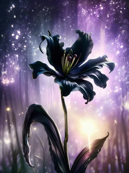 DonMM4g1cXL fantasy black lily flower ingrid-elias-style lens flare, ominous fairy background <lora:ingrid_elias_style_v2:1> <lora:DonMM4g1cXL-v2.1:1>