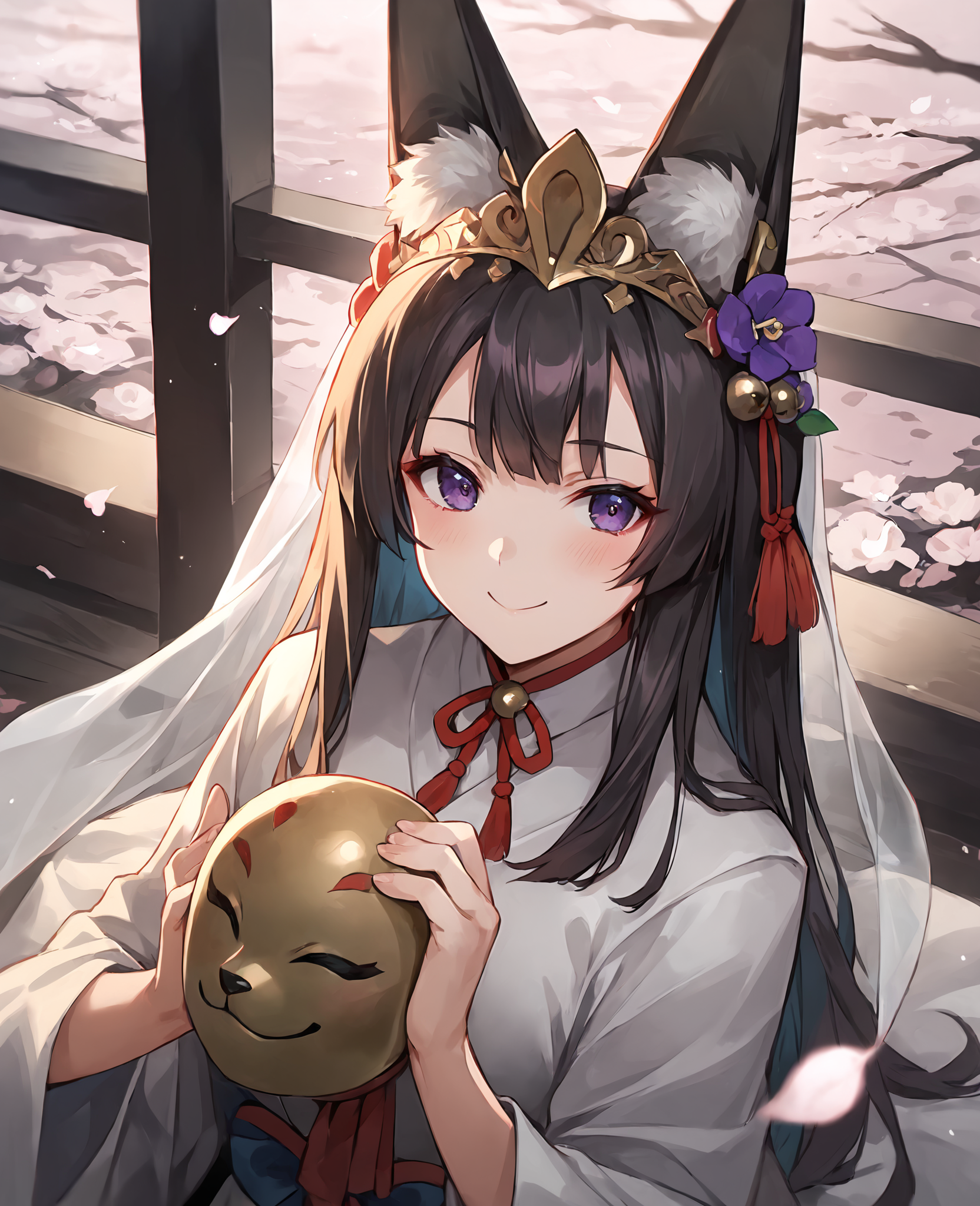 score_9,score_8_up,score_7_up,source_anime,rating_safe BREAK masterpiece,highres,best quality,high quality,dramatic angle,cinematic lighting,1girl,<lora:ShadowverseGinsetsu_Pony_V3:0.86>,animal ears,black hair,hair ornament,hair flower,gold trim,tassel,purple eyes,white dress,white kimono,shiromuku,wedding dress,lace trim,smile,blush,looking at viewer,cherry blossoms,turning head,veil,