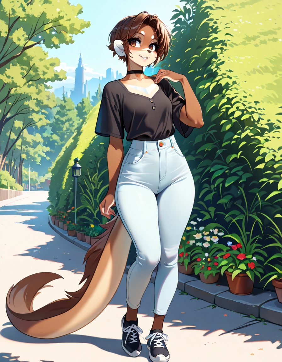 masterpiece, best quality, very aesthetic, absurdres,
outdoors, casual, 
full body, posing, 
smile, parted lips, long eyelashes, 
<lora:Mikhaila_v01_NAIXL:1>
M1k4a11a,1girl,solo,furry,furry female,short hair,brown hair,brown eyes,animal nose,choker,body fur,brown fur, tail,