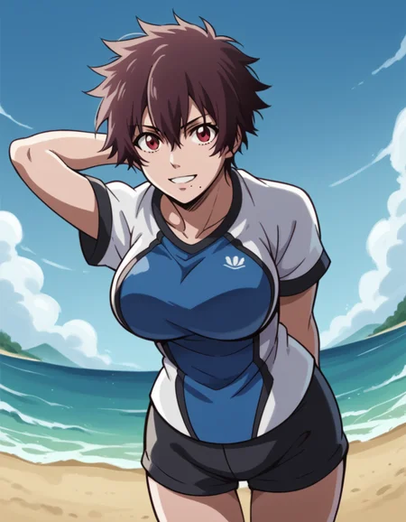score_9, score_8_up, score_7_up, source_anime, <lora:nagisa-aragaki-s1-ponyxl-lora-nochekaiser:1>, nagisa aragaki, short hair, large breasts, brown hair, red eyes, brown eyes, mole, mole under mouth, tomboy, shirt, shorts, sportswear,, beach, sand castle, swimsuit, summer vacation, ocean wave, hands behind head,, smile, looking at viewer, hands behind back, bent over,, solo,, dutch angle, cowboy shot