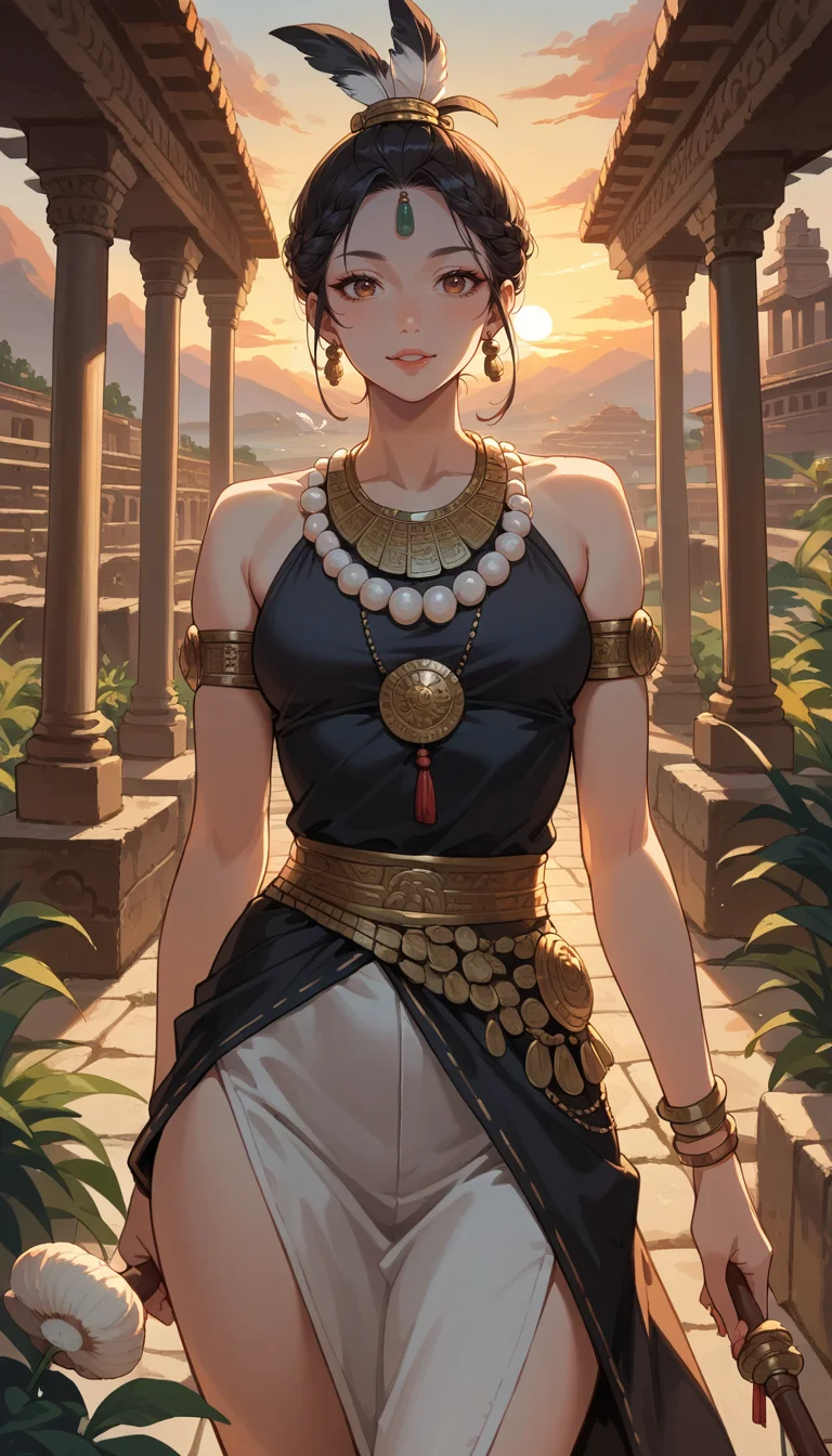 score_9, score_8_up, score_7_up, Anime Style, Cowboy Shot, girl, cute, seductive, innocent, light smile:0.3, plump lips, slender body, wearing stone age clothing made from natural fabrics like linen, cotton, furs, adorned with feathers, beads and shells, sunset, ancient greek background, depth of field, dynamic angle, fashion photography, sharp, hyperdetailed:1.15