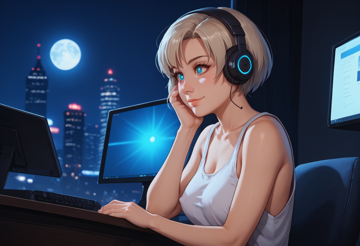 score_9, score_8_up, score_7_up, score_6_up, <lora:bouncy_pony:0.5>, contrast of cool dark background with warm bright foreground, full color, night, moon light, volumetric moonlight, depth of field
cyberpunk Aesthetic, modern bedroom Aesthetic, Blurry Background, neo-Tokyo city view, stary night, full moon, light rays, beautiful natural lighting, glow, light,
<lora:Nene_Romanova_-_Bubblegum_Crisis_Tokyo_2040:1>, Nene, loose tank top, white underware,
{petite body, athletic body, medium breasts, perfect round firm tits, medium round perfect tits, (medium Breasts:0.8), long legs, perfect anatomy, perfect face, perfect nose, detailed eyes, beautiful eyes, perfect eyes, perfect breasts, anatomically correct hands:1.3},
light smile, cute, side view, from side,
lofi girl style, sitting behind a desk, sitting at desk, in front of a computer, headphones, eyes looking at computer screen, lofi girl \(youtube\), zoom out,
