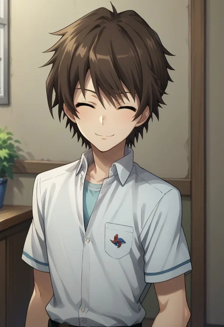 score_9, score_8_up, score_7_up, source_anime, highly detailed,
koichi, 1boy, male focus, solo, school uniform, brown hair, shirt, looking at viewer, collared shirt,
indoors, short sleeves, smile, closed eyes, ^^,