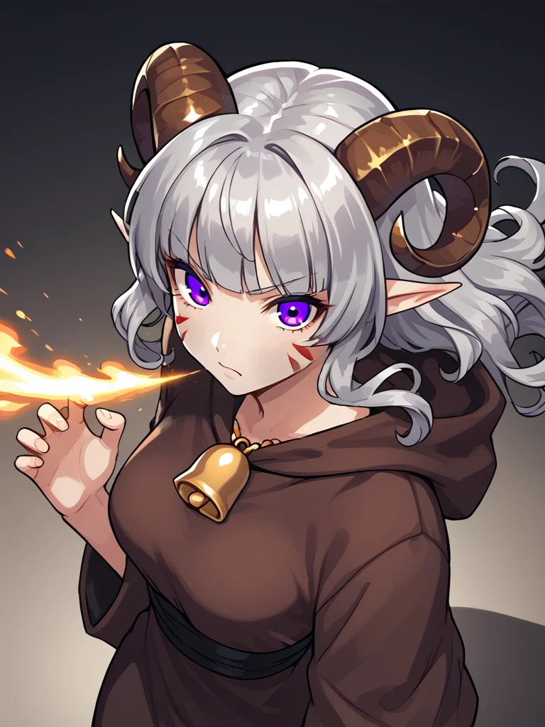 source_furry, score_7_up, rating_safe, cowboy shot, gold necklace, tiefing, short pointed ears, brown horns, (a pair of brown sheep Horns that begin at her temples and curve back: 1.5), bangs, long silver hair long wavy hair, pale skin, short pointy ears, purple eyes, <lora:age_slider_v4:0.6> medium breasts, skinny female, close up, silver hair, <lora:Tieflingnew weird fantasyDND:0.3> Tiefling, pointed ears, horns, <lora:Smooth Style 2 SDXL_LoRA_Pony Diffusion V6 XL:0.5> bell, robe, hood off, <lora:whisker_markings:0.8>red whisker_markings