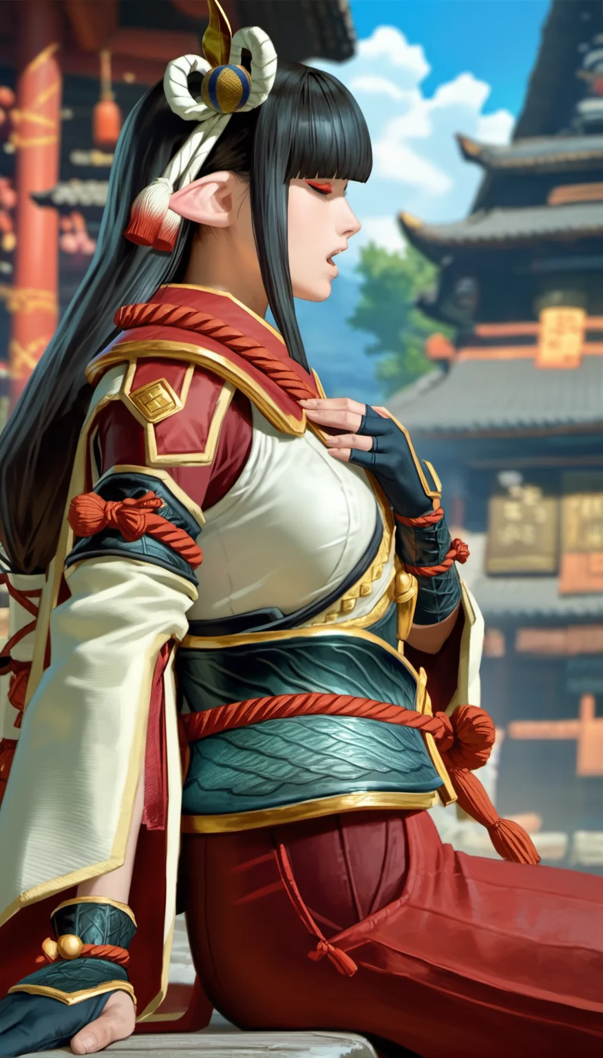 score_9,score_8_up,score_7_up,
<lora:hinoa:0.9>,
mhhinoa,
photorealistic,
1girl,solo,black hair,long hair,blunt bangs,closed eyes,open mouth,pointy ears,red and white short cape,shoulder necklace,white japanese robe top,deep red undershirt,green waist armor,detached sleeves,red cut out pants,deep red pants underneath,black fingerless gloves,cowboy shot,from side,from below,sitting,left hand on chest,blurry background,outdoors,rustic village,japanese palace,building,blue sky,cloud,tree,distant mountains,black smoke,