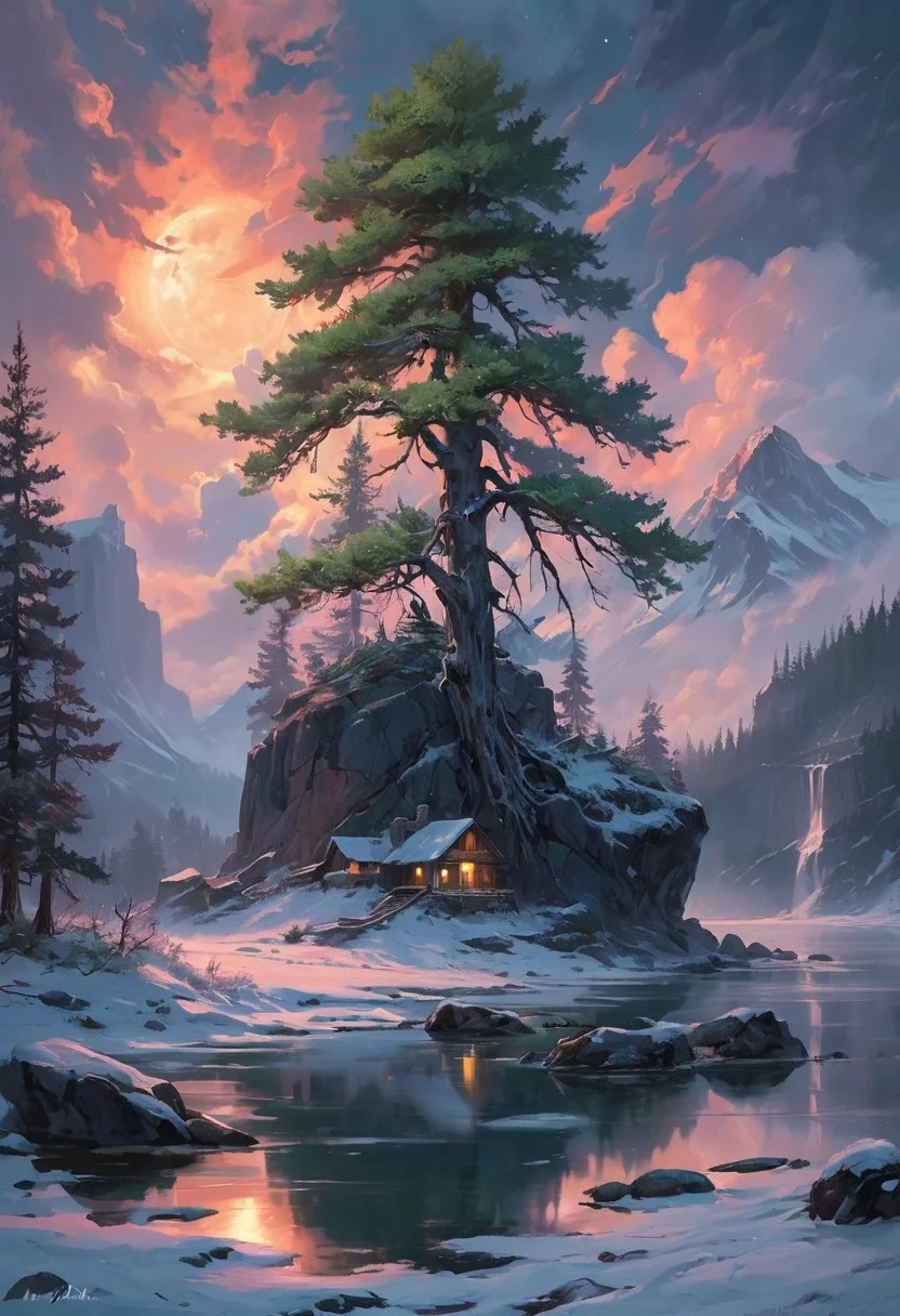 Under the eerie glow of a full moon,a dark and ominous landscape unfolds. A vibrant, colorful pine stands by the edge of a serene lake,its vivid hues contrasting starkly with the foreboding atmosphere. In the background,a waterfall cascades down jagged rocks,the water glistening in the moonlight. Thick,swirling clouds loom overhead,adding to the sense of an evil presence. winter landscape, aurora borealis, northern lights, The moonlight filters through the clouds,casting an otherworldly glow over the scene. The air is thick with mysticism,as if the very night holds ancient secrets and dark magic.  [romantic impressionism,dream scenery art,beautiful oil matte painting,romantic,style of thomas kinkade,beautiful digital painting,anime landscape,romantic painting,dreamlike digital painting,colorful painting,beautiful gorgeous digital art,style of greg rutkowski,janek sedlar,jenny saville:0]