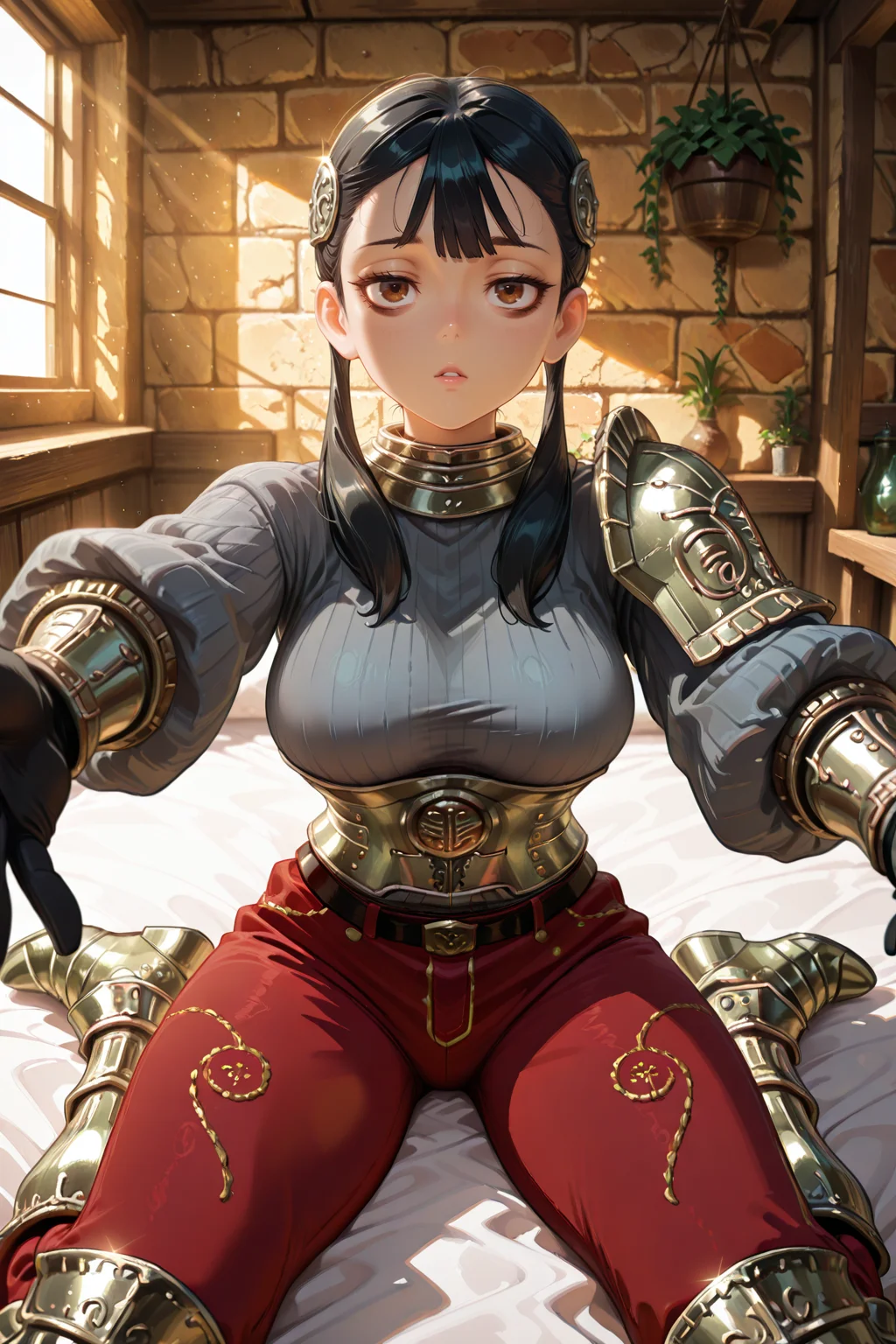 <lora:ChamIllustriousBackgroundEnhancer:0.5>, masterpiece, very aesthetic, absurdres, best quality, amazing quality, high resolution, newest, very awa, scenery,  looking at viewer,  <lora:spo_sdxl_10ep_4k-data_lora_Illustrious:0.8> <lora:StabilizerIllustrious:0.8> , masterpiece, beautifully drawn, elegantly detailed,  <lora:AsheiIL:0.8> , AshDef, 1girl, black hair, twintails, hair over shoulder, brown eyes, bags under eyes, hair ornament, gorget, grey sweater, ribbed sweater, single pauldron, armored corset, silver corset, silver gauntlets, red pants, belt, silver greaves, sitting, wariza, sunlight, looking at viewer, reaching towards viewer, incoming hug