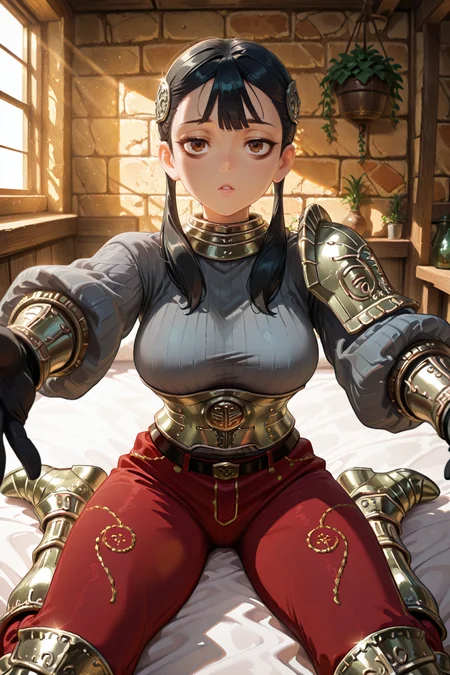 <lora:ChamIllustriousBackgroundEnhancer:0.5>, masterpiece, very aesthetic, absurdres, best quality, amazing quality, high resolution, newest, very awa, scenery, looking at viewer, <lora:spo_sdxl_10ep_4k-data_lora_Illustrious:0.8> <lora:StabilizerIllustrious:0.8> , masterpiece, beautifully drawn, elegantly detailed, <lora:AsheiIL:0.8> , AshDef, 1girl, black hair, twintails, hair over shoulder, brown eyes, bags under eyes, hair ornament, gorget, grey sweater, ribbed sweater, single pauldron, armored corset, silver corset, silver gauntlets, red pants, belt, silver greaves, sitting, wariza, sunlight, looking at viewer, reaching towards viewer, incoming hug