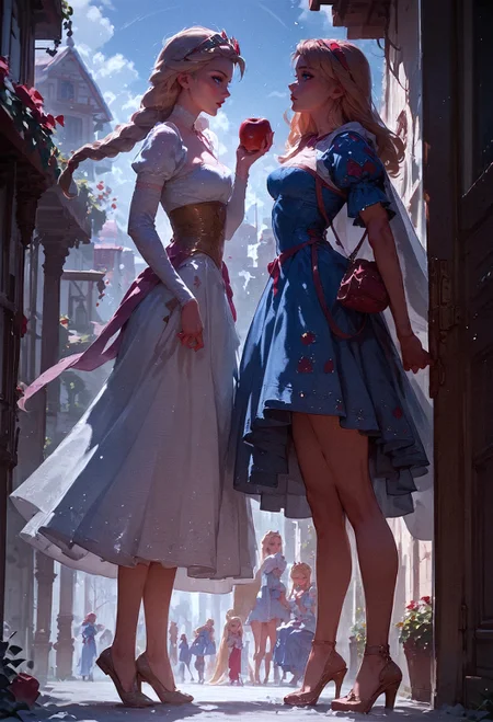 score_9, score_8_up, score_7_up,  2girls, 1girl (Snow White) and 1girl (Elsa), side view, (full bodies in view), holding a red apple  <lora:pony/twilight_style:0.8> concept art, realistic <lora:pony/expressiveh:0.8> expressiveh <lora:sdxl/princess_xl_v2:0.8> <lora:sdxl/sinfully_stylish_sdxl>