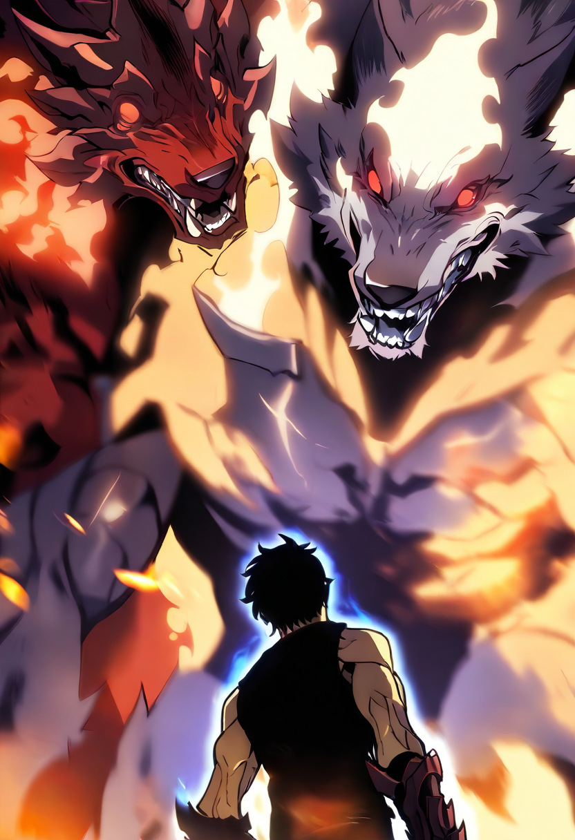 8K, depth of field, focused subject, best quality, <lora:solo_leveling_by_readandsign_fin-000014:1>, 
rf64u, 1boy vs cerber, short hair, black hair, red eyes, 1boy, male focus, horns, teeth, sleeveless, from behind, armor, muscular, glowing, fangs, fire, sharp teeth, glowing eyes, claws, monster, wolf