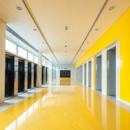 building, tile floor, television, motor vehicle, plate, watermark, reflective floor, puddle, pillar, road, cityscape, locker, office, yellow sky, vase, still life