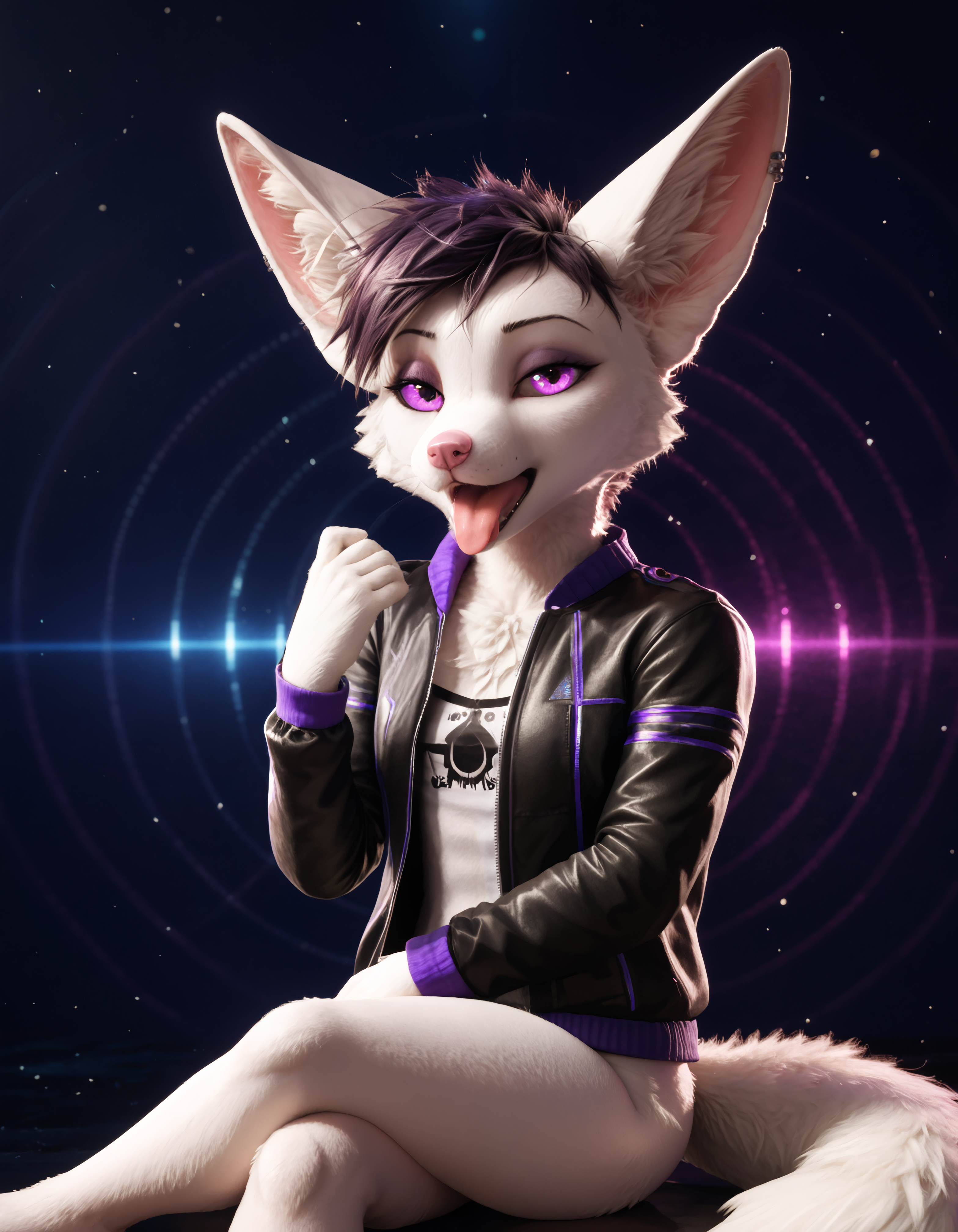 score_9, score_8_up, score_7_up, BREAK rating_safe,  detailed, cinematic lighting, hdr, particles, masterpiece, best quality, ultra realistic, 4k, 2k, film photography, RAW photo, photorealistic, analog style, subsurface scattering, photorealism, fluffy fur, detailed fur, <lora:add-detail-xl:3.0>, <lora:2.5DRealisticV2.safetensors:0.25>, <lora:sinfully_stylish_SDXL.safetensors:1.0>,  <lora:AdvancedEnhancerXLv2.safetensors:1.0>, dutch angle, (detailed background:1.1), <lora:Adra_Tiddles.safetensors:0.9> adra_tiddles, anthro, 1girl, clothing, solo, furry female, furry, mammal, body fur, topwear, fur, animal ears, open mouth, tongue, hi res, hair, clothed, tail, piercing, short hair, fox, ear piercing, animal nose, black jacket, looking at viewer, half-closed eyes, open jacket, upper body kneeling crossed legs looking down at partner, three-quarter view, three-quarter portrait, looking away, hands up, (3d \(artwork\):1.25), film photography, sharp focus, ray tracing, (unreal engine:1.25)