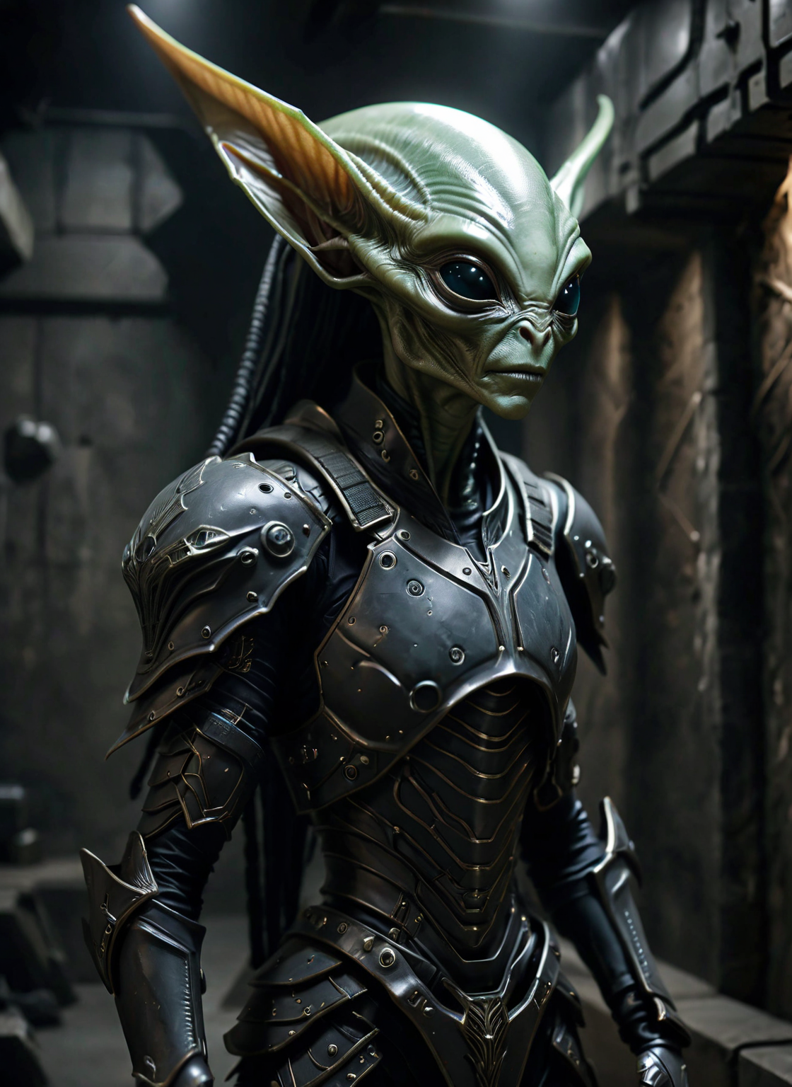 dark elven alien species portrait in a dark basement with heavy armor, highly detailed, dystopic, subversive <lora:alien-species:1>