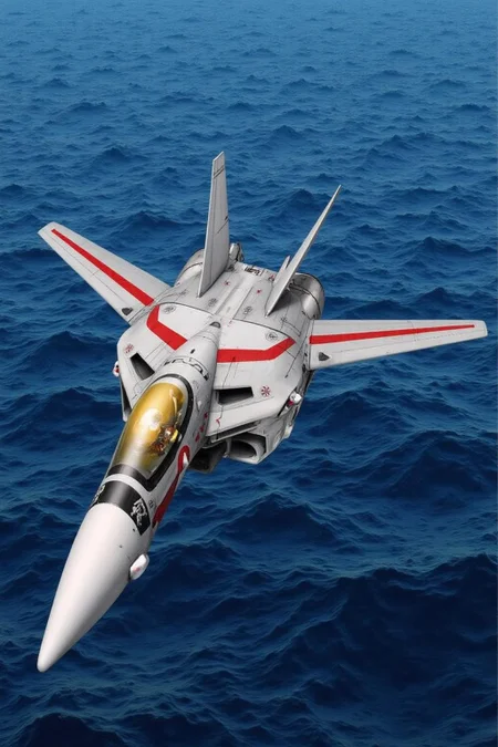 m9cha illustration. The image is a highly detailed, realistic digital illustration of a futuristic jet fighter aircraft flying over the ocean. The aircraft is depicted in a dynamic, slightly angled upward pose, as if in flight. The plane's sleek, metallic body is predominantly silver with white accents, featuring a complex, aerodynamic design. The nose is sharp and pointed, with a cockpit canopy that is transparent, revealing a pilot wearing a helmet and flight suit. <lora:macmecha1_cap_d6a3e11:1.0><lora:820694110823502249:0>
