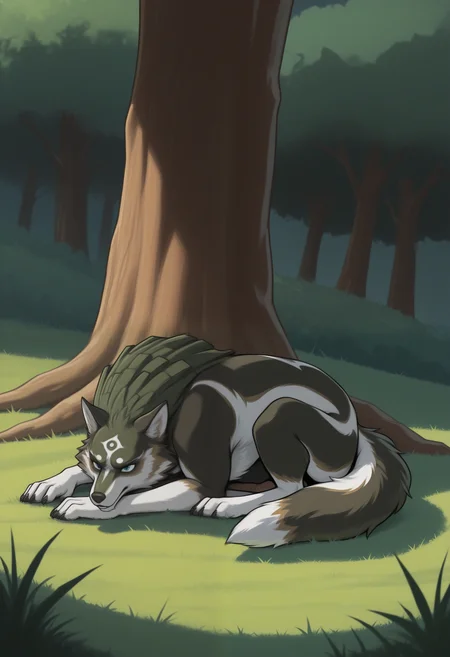 masterpiece,best quality,amazing quality, 1boy, solo, l1nk, wolf, blue eyes, sleeping,
outside,