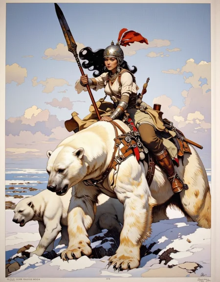 Art by Frank Frazetta. 
A painting of a woman warrior riding a polar bear.
