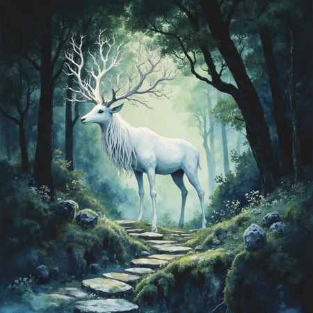 Studio Ghibli Dark Fairytale, The image is a digital illustration of a white deer standing in a dark forest. The deer has long flowing white fur and large antlers that are spread out in all directions. It is standing on a stone path that winds through the trees with a stone wall on one side and a small stream running alongside it. The trees are tall and dense with many branches reaching up towards the sky. The background is a mix of green and blue tones giving the impression of a foggy and misty atmosphere. The overall mood of the image is peaceful and serene., nature, no humans, forest, tree, antlers, deer, outdoors, scenery, plant, horns