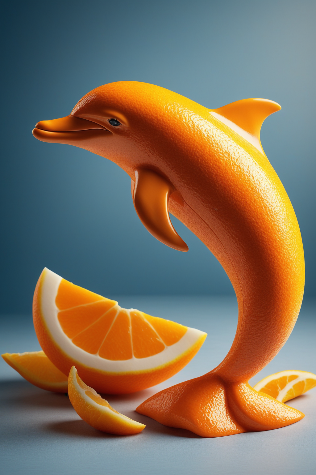 high quality,masterpiece,ultra-high resolution,incredible composition,extremely detailed, <lora:Orange_Peel:0.7>, A graceful dolphin sculpted from orange peel, its sleek body shimmering with the citrus skinâs textured, glossy surface. The dolphin leaps mid-air, with fine peel details catching the light to emphasize its fluid curves. Photographed in high-resolution macro style, showcasing the orange peelâs rugged yet vibrant texture. The background is a professional food photography scene with a soft blue linen backdrop, diffused natural light, and subtle props like fresh orange wedges and seashells, evoking a fresh, coastal elegance.
