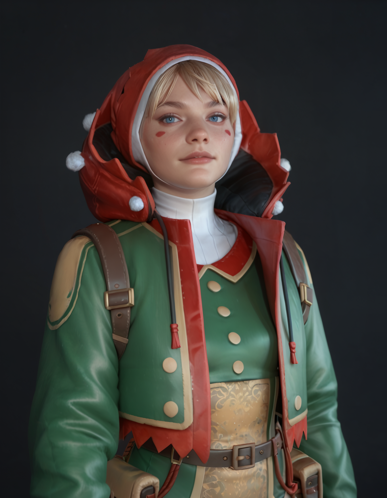 (embedding:Pony_PDXL_Negative_Embeddings\zPDXL3),dark background,(upper body:1.1),(portrait:1.1),pdrshk,1girl,solo,blue eyes,blonde hair,short hair,headwear,hat,green hat,(red hat:0.6),hood,(white gloves:0.5),pouch,belt,jacket,green jacket,bodysuit,green bodysuit,looking_at_viewer,standing                                 <lora:MyTrainings\Temp\Wattson_Shocking_Stuffer_XL_Pony_ARZUMATA.safetensors:0.6>
