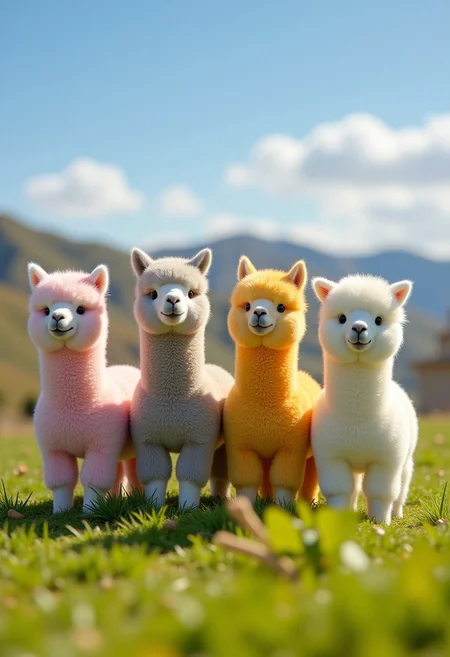 Four fluffy toy alpacas of different colors stand side by side on a lush grassy landscape on a sunny day.