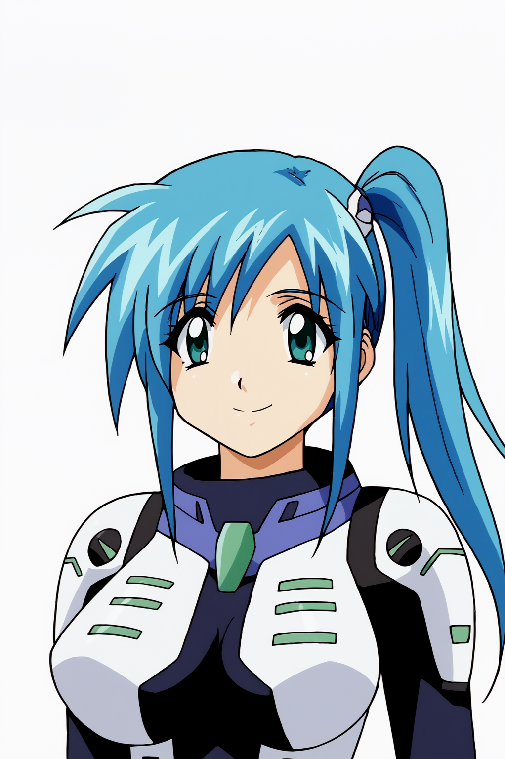 <lora:Divergence_Eve2:0.8>, white background, Misaki Kureha, smile, solo, long hair, blue hair, side ponytail, anime coloring, pilot suit